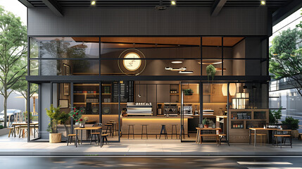 Cafe interior with a round and a rectangular sign.