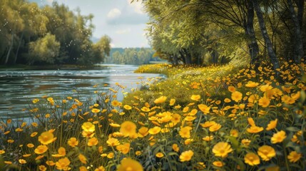 Blossoming riverbank filled with bright yellow flowers promising a fresh tomorrow
