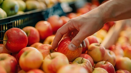 Close-up of hand selecting a red apple from a display of fresh produce.
