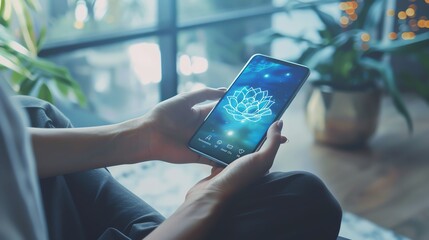 Close-up of a person's hands holding a smartphone with a blue flower image on the screen.