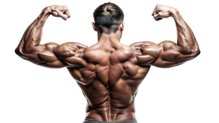 A shirtless fitness model with well-defined muscles flexes his back and biceps in a studio shot