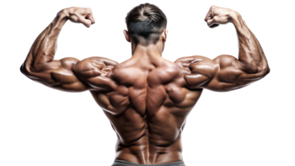 A shirtless fitness model with well-defined muscles flexes his back and biceps in a studio shot