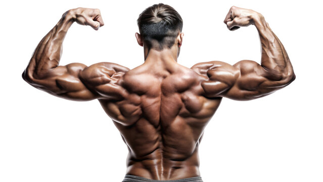 A shirtless fitness model with well-defined muscles flexes his back and biceps in a studio shot