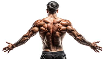 Obraz premium A shirtless fitness model with well-defined muscles flexes his back and biceps in a studio shot