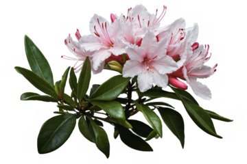 A cluster of pink rhododendron flowers and leaves isolated on a transparent, white background, png, showcasing vivid colors and details