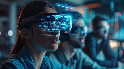 Woman immersed in virtual reality tech, with a background hinting at futuristic interfaces and experiences