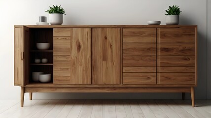 Wooden sideboard by a white wall very beautiful, realistic image, 32K resolution,Macro photo 8k