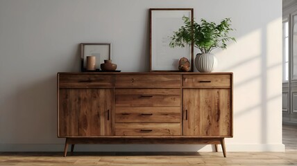 Wooden sideboard by a white wall very beautiful, realistic image, 32K resolution,Macro photo 8k