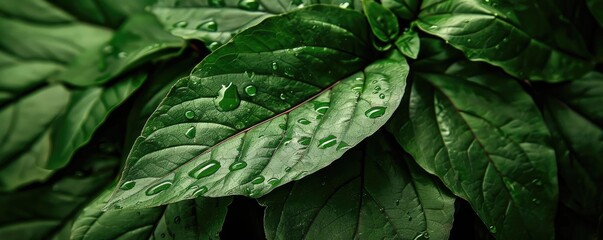 Fototapeta premium Close-up of vibrant green leaves with water droplets, highlighting natural texture and moisture, perfect for nature or botanical themes.