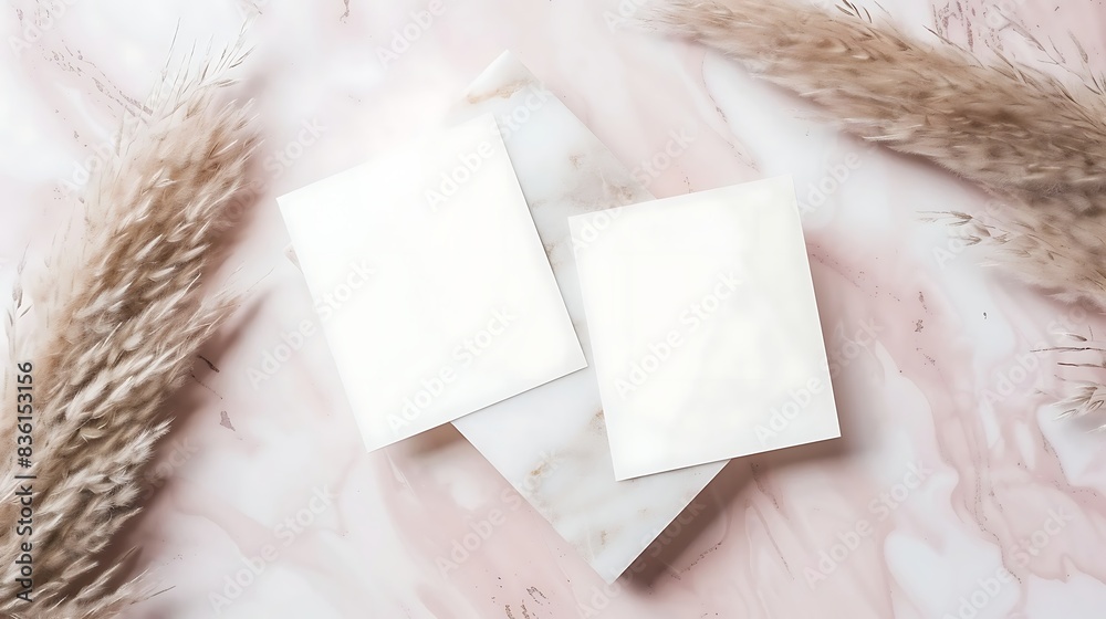 Wall mural a two white cards on a marble surface on a background