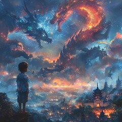 A child imagining a fairy tale world, with holographic dragons and castles appearing around them. Fantasy art, vibrant colors, high detail.