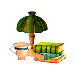 A lamp with a green shade, antique books, a tea cup composition watercolor set. Writing set watercolor illustration in for print on stickers,advertising, retro flyers and postcards., scrapbooking