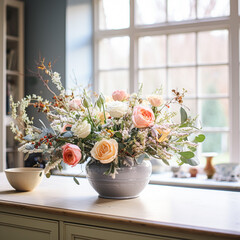 Beautiful floral arrangement with winter, autumn or early spring botanical plants and flowers