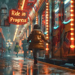 A child running towards an amusement park ride with a holographic "Ride in Progress" sign. Futuristic style, bright colors, high detail.
