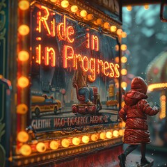A child running towards an amusement park ride with a holographic "Ride in Progress" sign. Futuristic style, bright colors, high detail.