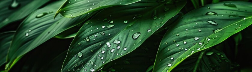 Close-up of lush green leaves with water droplets, capturing the serene beauty of nature and freshness in vibrant detail and rich green hues.