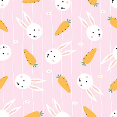Seamless pattern with rabbits and carrots on a pink background