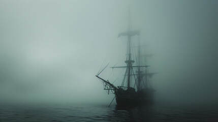 Fototapeta premium Eerie Ghost Ship Enshrouded in Smoke: Mysterious Nautical Scene at Sea