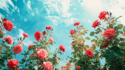 Beautiful rose garden, clouds and blue sky in the background