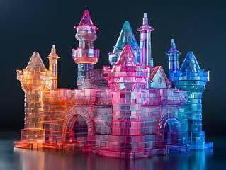 collection of colorful, fantasy-themed castle towers, each with a unique design and color scheme.