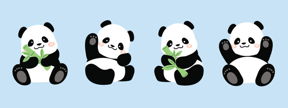 Cute Animal Panda characters set. Hand drawn wild animal cartoon design of panda in different pose, bamboo, sitting, sleeping. Adorable bear mascot illustration for sticker, clipart, education.