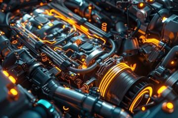 Fototapeta premium High-quality image of futuristic car engine with glowing circuits for sale on photo stock