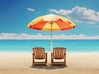 2 sunbeds and parasols at a sand beach
