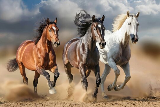 High quality image. three horses running in field, wildlife concept with copy space for print design