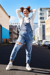 Woman, city and fashion in outdoor, happy and denim for style or confident in outfit. Female person, smile and street for casual trend or aesthetic, urban adventure and clothes in downtown journey