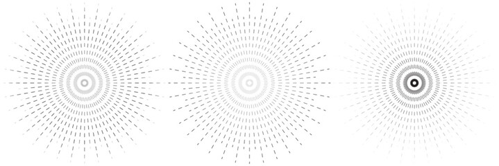 Circle from radial lines as icon or logo. Halftone black design element on white background.