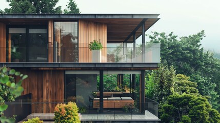 Modern wooden house with large windows overlooking a lush green forest.