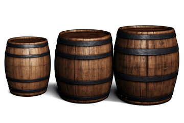 Realistic render of three different-sized wooden barrels with metal bands against a transparent, white background for png