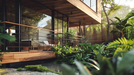 Modern wooden house with large windows and a balcony surrounded by lush greenery.