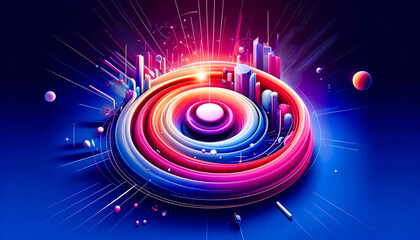 A vibrant abstract cityscape with colourful, concentric circles and futuristic skyscrapers, creating a dynamic and energetic visual effect against a dark background.