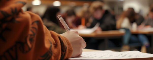 Closeup of Students Writing Exam in Classroom Education and Testing Concept