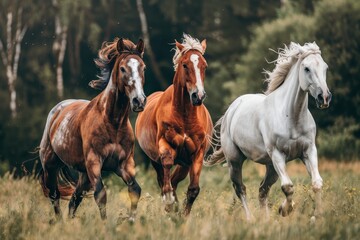 Fototapeta premium Dynamic action photography of three horses running in a field with freedom and wildlife concept