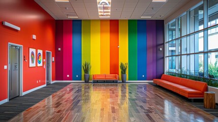 Corporate office featuring a Pride Month wall display with LGBTQ+ icons, celebrating queer history and the contributions of LGBTQ+ individuals to global industry. The display promotes awareness,