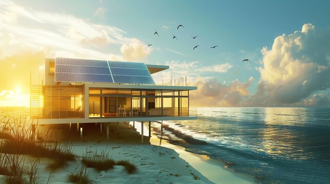 Modern house with solar panels on the beach at sunset.