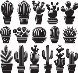 Set of Black Cactus Vector Illustration Silhouette. Desert Saguaro Sky Plant Natural Décor 