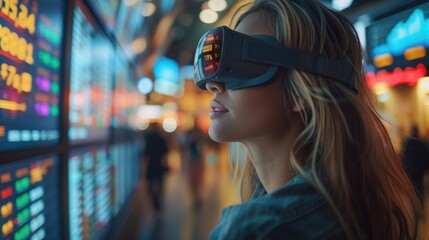 A young woman wearing a VR headset looks at a large screen displaying stock market data.
