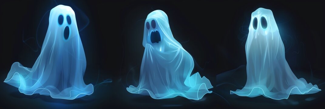 Three ghosts of different heights are in front of a black background. The ghosts are made of a white cloth and have black eyes and mouths. They are all looking at the viewer.
