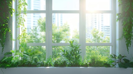 Sunlight streams through a window with green plants, creating a bright and airy ambiance.