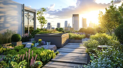 Obraz premium Tranquil rooftop garden with wooden pathway overlooking cityscape at sunset.