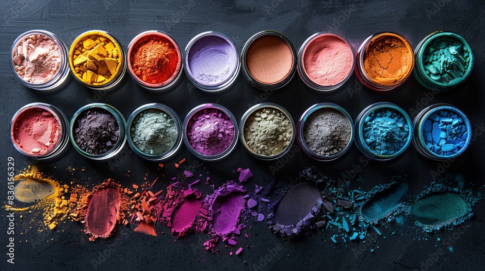 Poster a close-up shot of vibrant makeup pigments and powders arranged in small jars on a black surface. ge