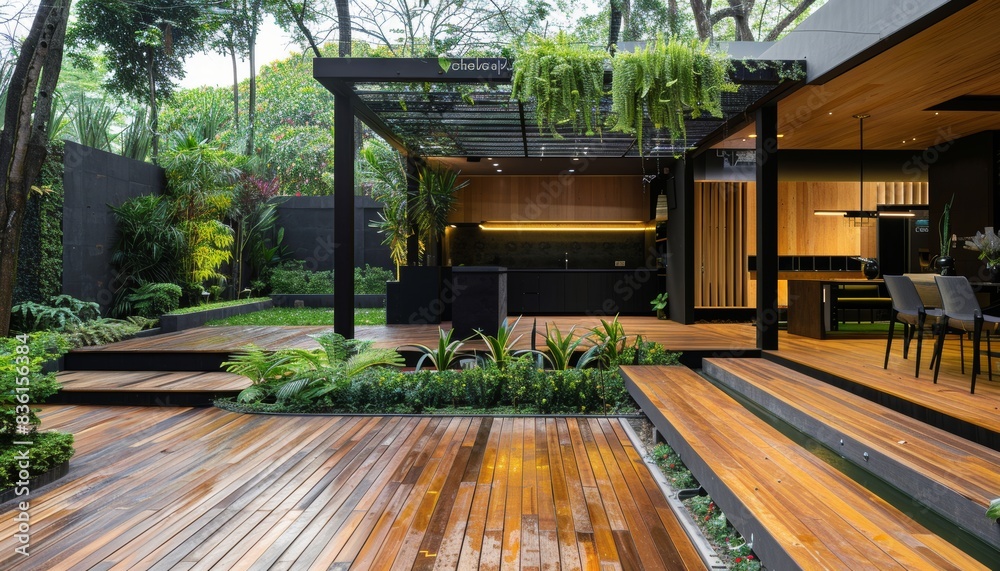 Wall mural Luxurious morning garden featuring exquisite teak wood deck and sophisticated black pergola design