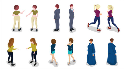 isometric set of woman and man people