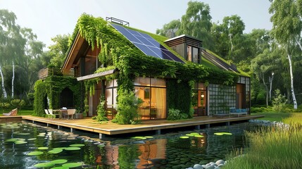 Fototapeta premium Modern, sustainable house with green roof and solar panels.