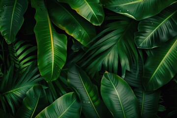 Close-up of lush green tropical leaves, featuring vibrant textures and patterns. Ideal for nature, botanical, and environment-themed designs.
