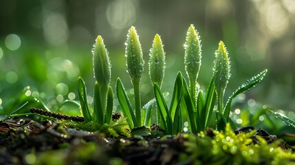 Dew-covered young shoots in the lush depths of a forest.