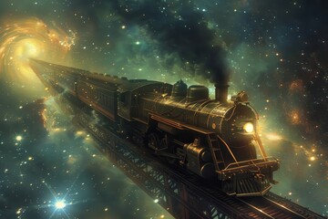 A celestial train journeying through the cosmos on tracks of stardust generated by AI